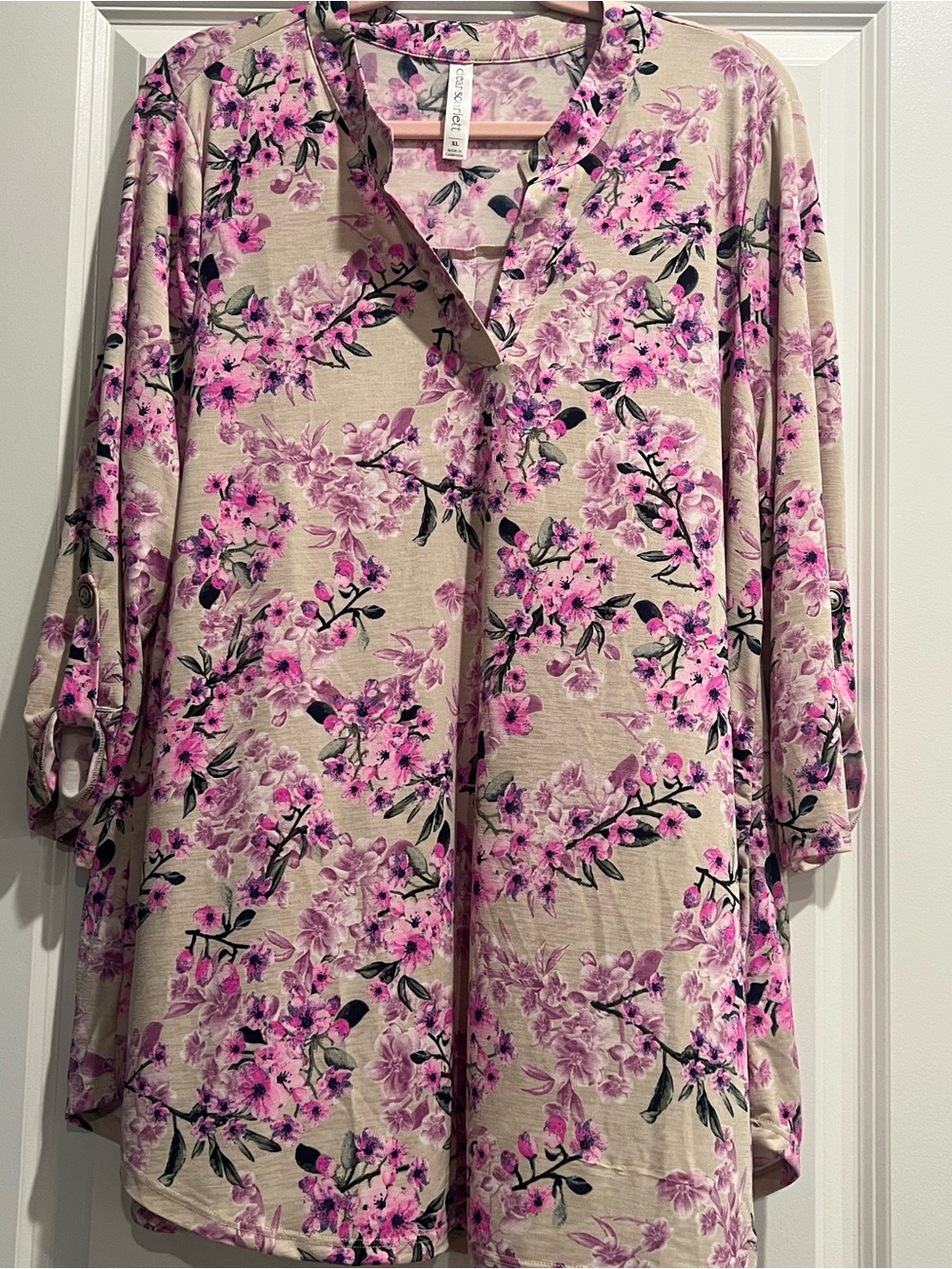 Dear Scarlett Floral V-Neck Tunic Top - Lilac and Punk on Cream